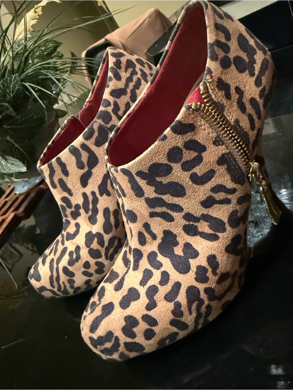 Christian Siriano Leopard Print Wedge Booties in Tan and Black
